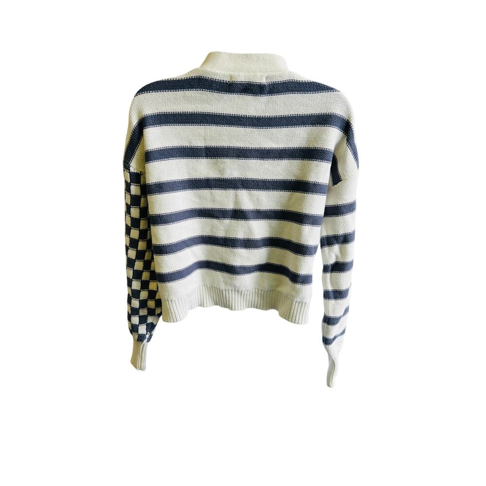 Moon & Madison checker stripe knit cardigan sweater cream navy M cozy Y2K - Picture 3 of 4